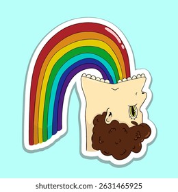 Psychedelic sticker of a guy’s head vomiting a rainbow with the phrase lets trip in a trippy font on the background. Bright colors and surreal style create a vivid visual impact.