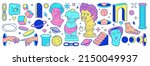 Psychedelic sticker pack with colorful greek statues, ancient sculpture, arch, column, planet and surreal elements. Big set of cartoon vector illustrations in trendy psychedelic trippy style.