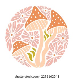 Psychedelic sticker or print concept in round shape.Pastel fly agarics woth daisies on a white background. Boho psychedelic mushrooms and flowers. Flat hand drawn Vector.