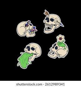 Psychedelic sticker; skulls with smiling flower, neon tones; mushroom; slime; arrow, acid colors