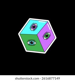 Psychedelic sticker. Surreal colorful cube with eyes on each face. Abstract 3D geometric shape in vibrant tones. Modern psychedelic illustration with hand-drawn details