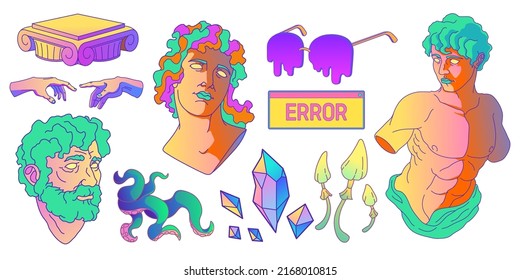 Psychedelic Stickers With Antique Greek Sculpture, Mushrooms And Cristals, Tentacles And Columns. Vector Cartoon Set Of Acid Design Badges With Roman Statues Heads And Torso Isolated On White