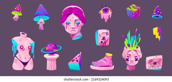 Psychedelic Stickers With Antique Greek Sculpture With Bleeding Eyes, Naked Female Body Without Arms, Mushrooms And Planet On Column, Ear, Foot, Flash, Cube. Cartoon Vector Set Of Acid Design Badges