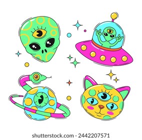 Psychedelic Stickers Feature Vibrant Colored Alien Head, Cat with Three Eyes, Planet with Snake ring and Ufo Saucer