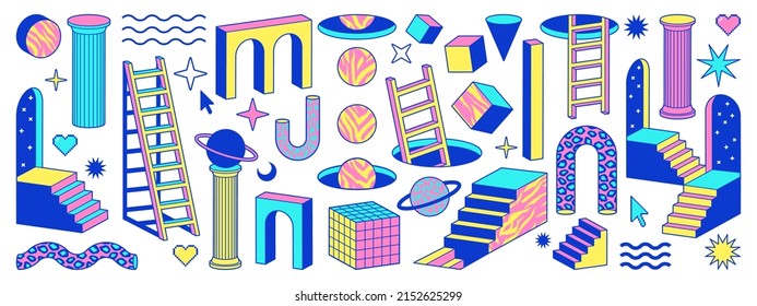Psychedelic stickers with geometric shapes, surreal elements. Abstract vector symbols and signs in trendy psychedelic trippy style. Arch, stairs, column and geometric shapes. Acid neon colors.