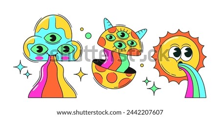 Psychedelic Stickers Sun And Cloud Vomiting With Rainbow. Vibrant, Colorful Adhesive Decals, Acid Colored Patches