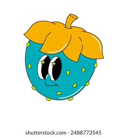 Psychedelic strawberry with cute face. Lovely character with unusual colors of blue and orange in groovy style. Flat isolated vector element 