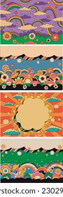 Psychedelic Style Abstract Summer Landscape Backgrounds Set