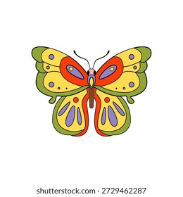 Psychedelic style butterfly drawing having vibrant colors and patterns, representing transformation, happiness, and a free spirit in a vintage inspired art design