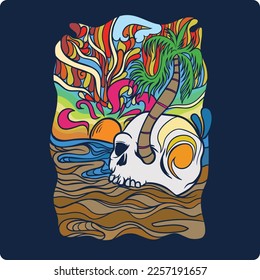 psychedelic style coconut tree overgrown skull head design
