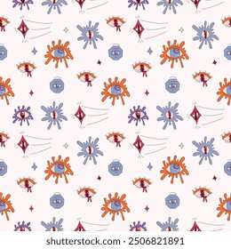 Psychedelic style cute trendy pattern, psychedelic pattern, psychedelic crazy eyes seamless pattern.
