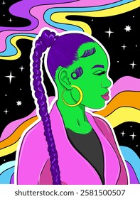 Psychedelic style fashion girl, retro poster. Fashion woman in space trip