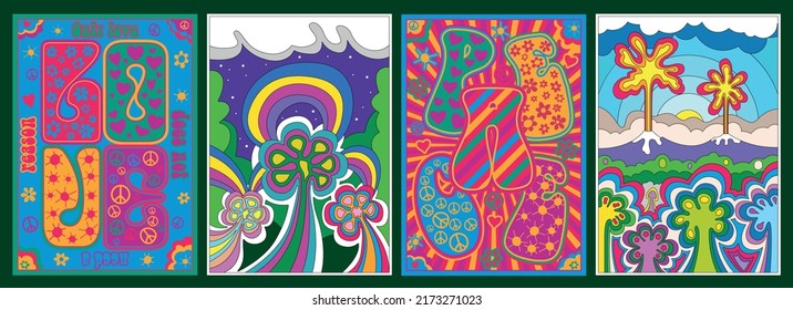 Psychedelic Style Floral Lettering Posters. 1960s Retro Colors Abstract Backgrounds Set