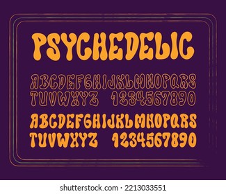 Psychedelic style font, 1960s alphabet letters and numbers vector illustration