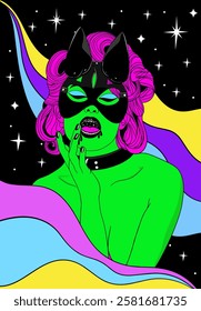 Psychedelic style girl in leather mask.