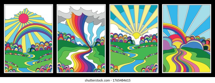 Psychedelic Style Landscape Set, 1960s Hippie Art Nature Drawings, Colorful Backgrounds, Blooming Summer Scenes, Hills, Rivers, Clouds, Rainbows