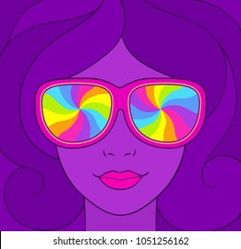 Psychedelic style portrait of pretty girl in sunglasses with rainbow swirls. Groovy neon colors vintage illustration.