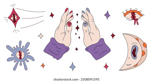 Psychedelic style set, psychedelic style trendy elements, crazy eyes set. Cute illustration in flat style.