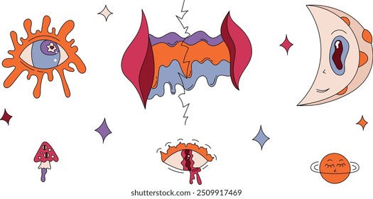 Psychedelic style set, psychedelic style trendy elements, crazy eyes set. Cute illustration in flat style.