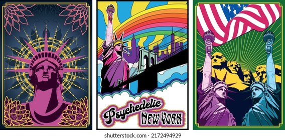 Psychedelic Style Statue Of Liberty Posters Set