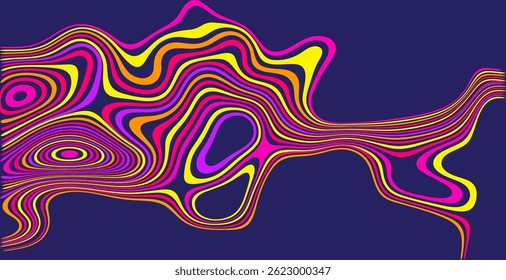 Psychedelic style vector illustration showcasing fluid geometric swirls in bright yellow, orange, and pink hues on a blue background. Perfect for modern designs and creative projects.