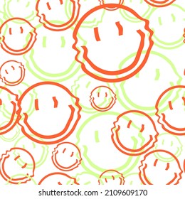 Psychedelic style. Vector seamless pattern with a cartoon wavy smiling face.