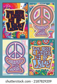 Psychedelic Style Vintage Colors Lettering Backgrounds Set