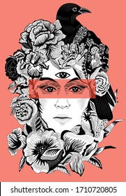 Psychedelic Stylish Portrait With Woman Face And Flowers