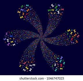 Psychedelic Sum curl fireworks on a dark background. Vector abstraction. Hypnotic whirlpool designed from randomized sum objects.
