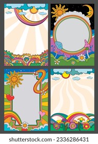 Psychedelic Summer Landscape Retro Style Abstract Backgrounds Set