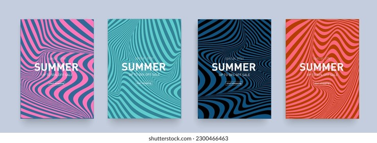 Psicodélico Vintage De Verano Con Colores Turquesa, Rosa, Rojo Y Azul. 3 d Patrones de Trippy ondulados de fondo ofrecen el 50% para banner, afiche, tarjeta, cubierta. Resumen venta 70. Ilustración vectorial.