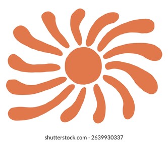 Psychedelic sun burst with wavy ray in  groovy style. Retro sunshine in orange color