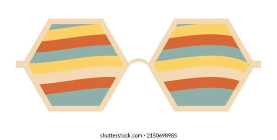 Psychedelic sunglasses in the style of the 1970. Retro groovy graphic elements of glasses with rainbow, lines and waves.
