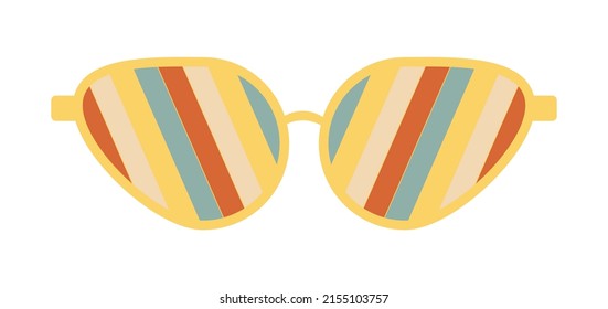 Psychedelic sunglasses in the style of the 1970. Retro groovy graphic elements of glasses with rainbow, lines and waves.