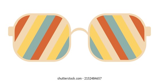 Gafas de sol psicodélicas al estilo de los años 70. Elementos gráficos retro groovy de gafas con arco iris, líneas y olas.