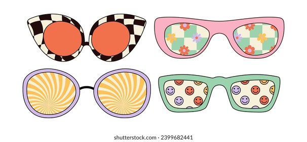 Psychedelic sunglasses with vintage designs. Vector illustrations isolated on white background.
