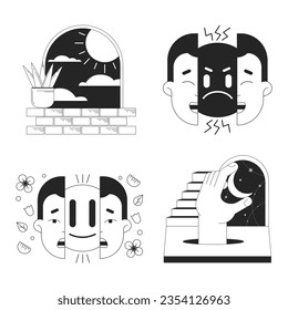 Psychedelic surreal bw concept vector spot illustration set. Split faces, surrealism arc 2D cartoon flat line monochromatic scenes for web UI design. Dreams editable isolated outline hero image pack