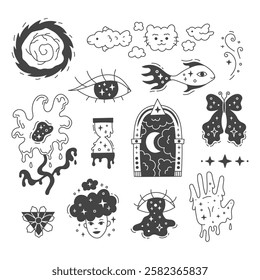 Psychedelic and Surreal Doodle Set. Collection of hand drawn outline vector illustration with moon crescent stars and flowing wavy melting bending curvy shapes.