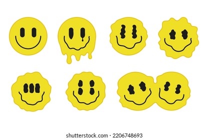 Psychedelic surreal drip melt emoji set. Liquid face with smile. Illusion, dual creative happy sign. Vector illustration
