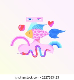 Psychedelic surreal illustration. Fish with a female body and a snake. Contemporary art. Print for clothes, phone case, poster, notebook