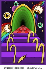 Psychedelic surreal illustration with floating eyeballs, a rainbow and tunnel, a red checkered path, and strange yellow snake-like forms on purple steps in a cosmic setting