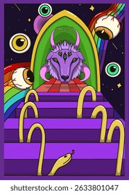 Ilustração surreal psicodélica com globos oculares flutuantes, túnel do arco-íris, caminho em xadrez vermelho, formas de cobra amarela e uma cabeça de cabra mística emergindo do túnel acima.