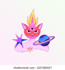 Psychedelic surreal illustration. A three-eyed cat with a human body surrounded by a planet and stars. Contemporary art. Print for clothes, phone case, poster, notebook