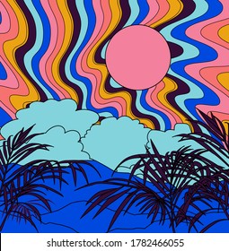 Psicodelic paisaje surrealista con puesta de sol sobre las montañas o colinas y hojas de palmera tropicales en primer plano en colores neones vibrantes.