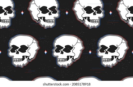 Psychedelic surreal melt skull face seamless pattern.Vector illustration.Skull distorted,3d glitch,face melt,acid,techno,trippy print seamless pattern concept
