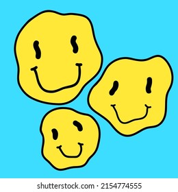 Cara de sonrisa psicodélica surrealista. Ilustración del personaje de dibujos animados. Rostros amarillos con fondo azul. Gráfica rara de los años 70