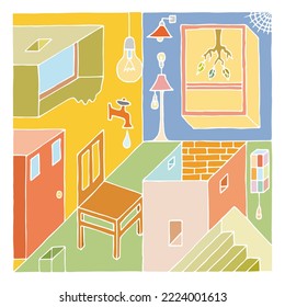 El interior de las habitaciones, de estilo psicodélico y surrealista. Mano Cortada. Dibujo a mano libre. Doodle. Esbozo. Esquema.	