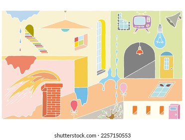 El interior de las habitaciones, de estilo psicodélico y surrealista. Mano Cortada. Dibujo a mano libre. Doodle. Esbozo. Esquema.	