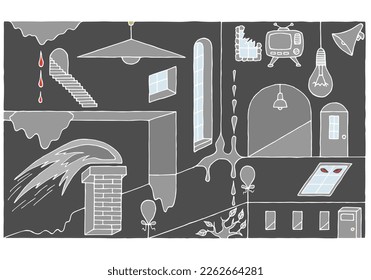 El interior de las habitaciones, de estilo psicodélico y surrealista. Mano Cortada. Dibujo a mano libre. Doodle. Esbozo. Esquema.	