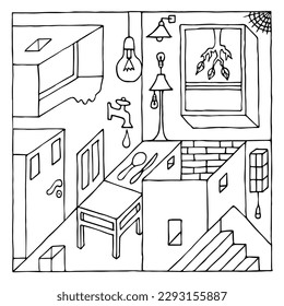 Psychedelic, surreal room interior. Hand Drawn. Freehand drawing. Doodle. Sketch. Outline.